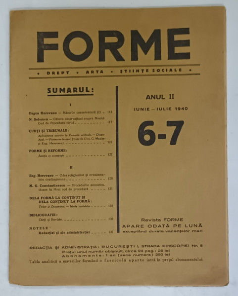 FORME , REVISTA PENTRU PROCEDURA JUDICIARA SI ALTE DISCIPLINE FORMALE , NR. 6-7 , IUNIE - IULIE , 1940