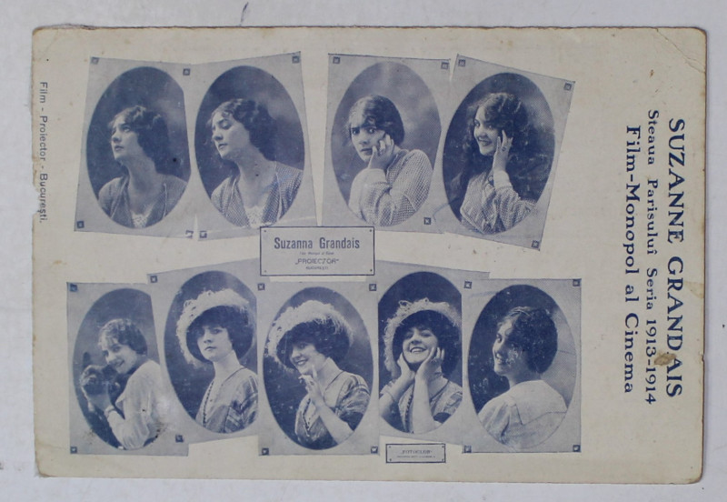 FOTO - MONTAJ CU OPT  PORTRETE ALE ACTRITEI DE FILM SUZANNE GRANDAIS ( 1893 -1920 ) , CARTE POSTALA CU RECLAMA CINEMATOGRAFULUI MINERVA , INCEPUTUL SEC. XX