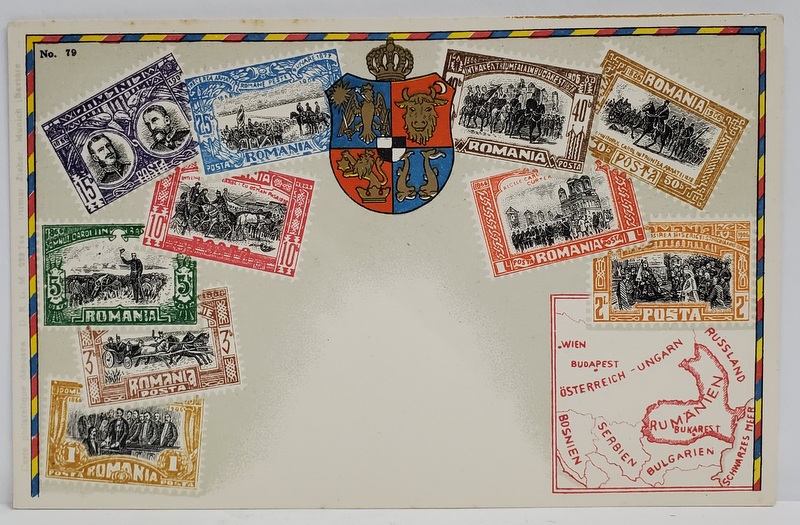 FOTO- MONTAJ CU TIMBRE EMISE IN PERIOADA DOMNIEI REGELUI CAROL I ,  STEMA ROMANIEI INAINTE DE MAREA UNIRE , HARTA  TARII ,CROMOLITOGRAFIE , CARTE POSTALA , INCEPUT DE SECOL XX