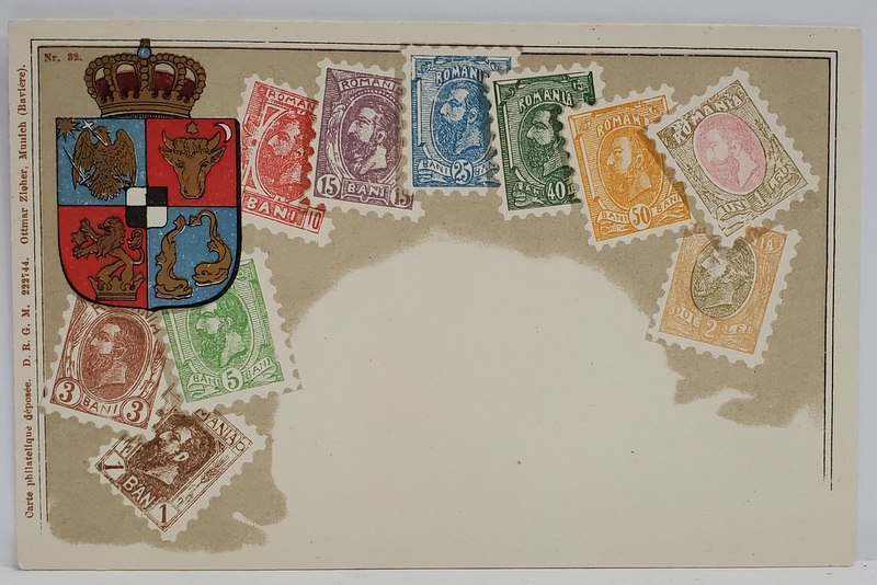 FOTO- MONTAJ CU TIMBRE EMISE IN REGATUL ROMANIEI , CU PORTRETUL REGELUI CAROLI SI STEMA REGALA INAINTE DE MAREA UNIRE , CROMOLITOGRAFIE , CARTE POSTALA , CLASICA