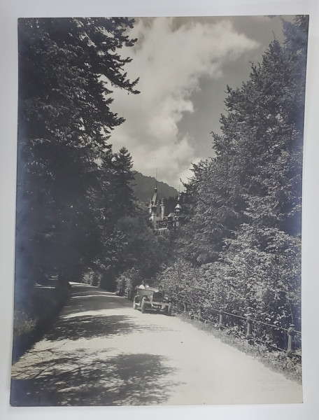 FOTO WEISS , BUCURESTI , SINAIA ,  AUTOMOBIL DE EPOCA PE ALEEA CATRE CASTELUL PELES , FOTOGRAFIE MONOCROMA , INTERBELICA