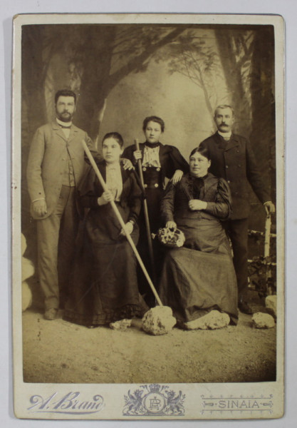 FOTOGRAF ALFRED BRAND , SINAIA , FAMILIE CU CINCI MEMBRI , FOTOGRAFIE CABINET , SFARSITUL SEC. XIX