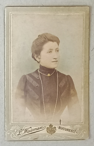 FOTOGRAF L. WAISMAN , BUCURESTI , TANARA CU COLIER DE MARGELE , FOTOGRAFIE C.D.V. , SFARSITUL SEC. XIX