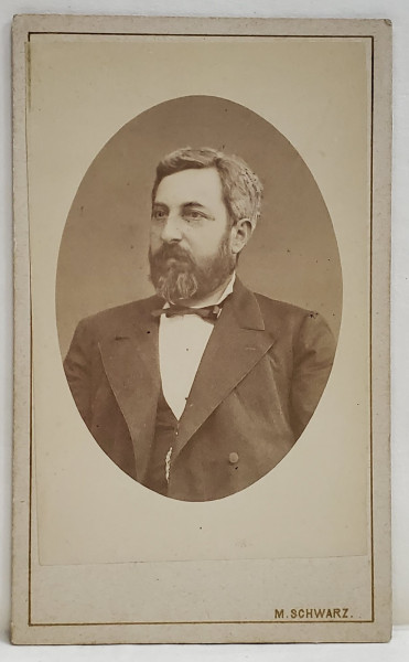 FOTOGRAF M. SCHWARZ  ,  NICOLAE VOINOV  (1834- 1899 ) , FOST MINISTRU , PORTRET CU PAPION , FOTOGRAFIE C.D.V. , SFARSITUL SEC. XIX