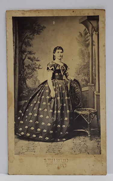 FOTOGRAF W. WOLLENTEIT , BUCURESTI , FOTOGRAFIE C.D.V. , DOAMNA CU ROCHIE INFLORATA , SEC XIX .