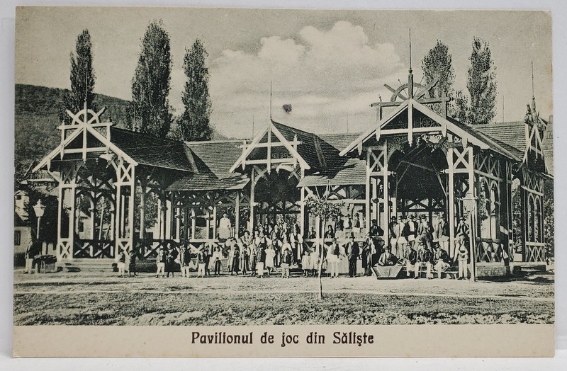FOTOGRAFIE DE GRUP CU LAUTARI  IN FATA  PAVILIONULUI  DE JOC  (DANSURI ) DIN SALISTE ,  CARTE POSTALA  , INTERBELICA