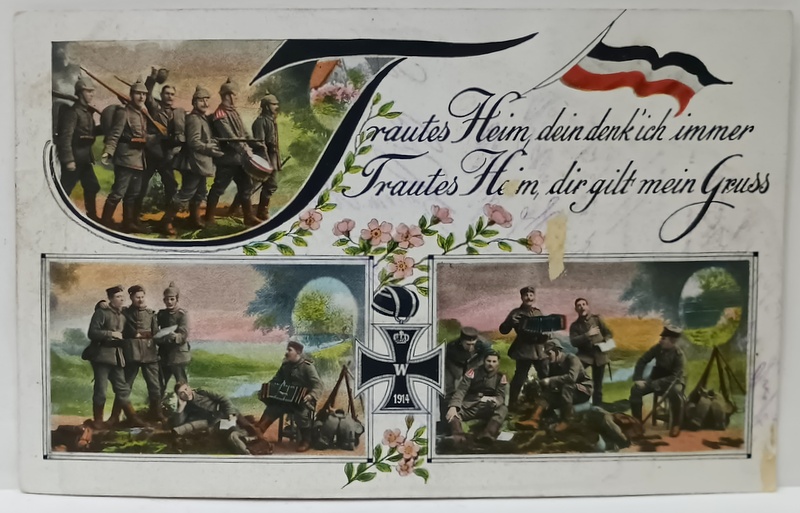 FOTOMONTAJ CU TREI IMAGINI , SOLDATI GERMANI IN TIMPUL DINTRE LUPTE , CITIND SCRISORI DE ACASA , CARTE POSTALA DE PROPAGANDA , 1913