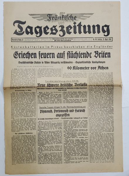 FRANKISCHE TAGESZEITUNG , NATIONALSOZIALISTISCHE TAGZEITUNG FUR DEN GAU FRANKEN , NR. 96 ,25  APRIL , 1941
