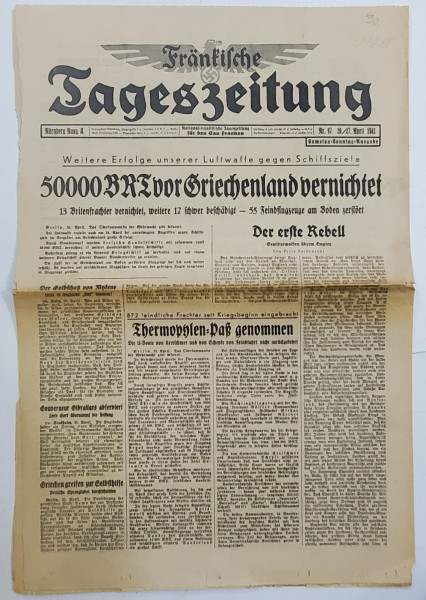 FRANKISCHE TAGESZEITUNG , NATIONALSOZIALISTISCHE TAGZEITUNG FUR DEN GAU FRANKEN , NR. 97 , 26-27 APRIL , 1941
