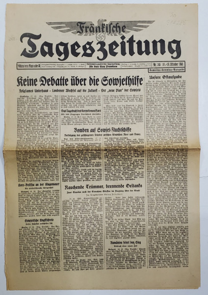 FRANKISCHE TAGESZEITUNG , NATIONALSOZIALISTISCHE TAGZEITUNG FUR DEN GAU FRANKEN , NR.245 , 18 -19 OKTOBER ,   1941
