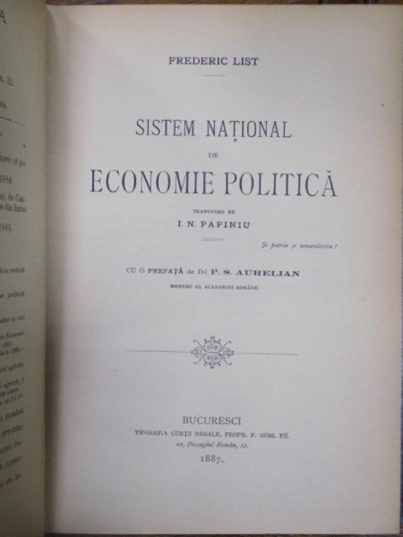 Frederic List, Sistem national de economie politica, trad. I. N. Papiniu, Bucuresti 1887