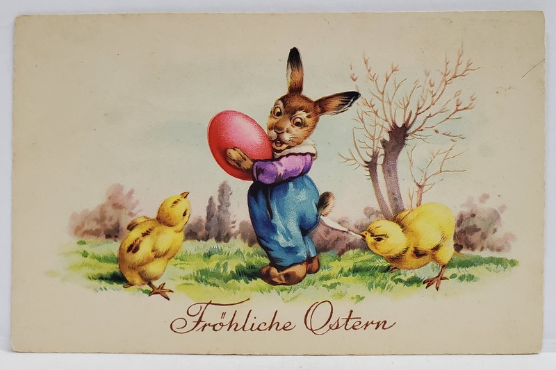 FROLICHE OSTERN  (PASTE FERICIT !  ), CARTE POSTALA , CU IEPURAS SI PUI DE GAINA ,  PERIOADA INTERBELICA