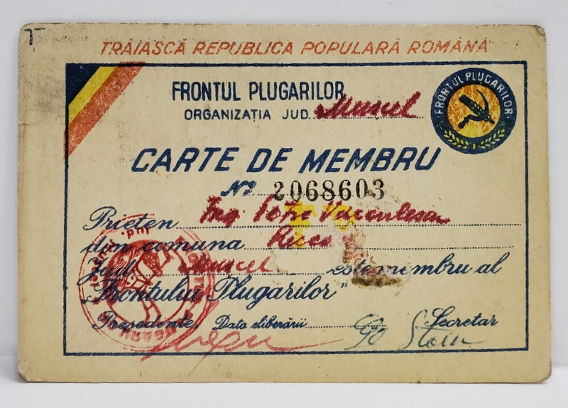 FRONTUL PLUGARILOR , ORGANIZATIA MUSCEL , CARNET DE MEMBRU , ANII ' 40 - '50
