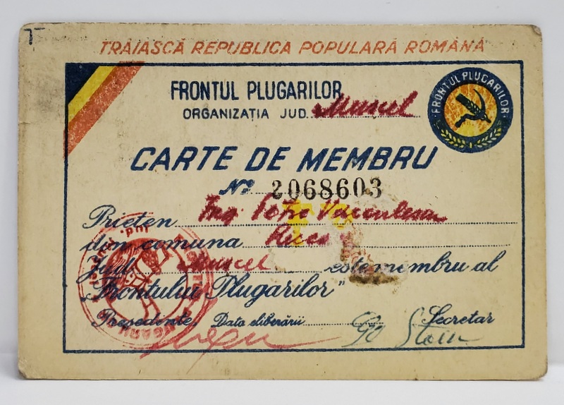 FRONTUL PLUGARILOR , ORGANIZATIA MUSCEL , CARNET DE MEMBRU , ANII ' 40 - '50