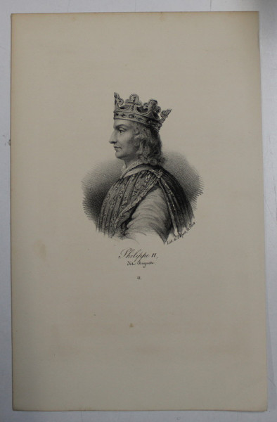 F.S. DELPECH ( 1778 - 1825 )  - PHILIPPE II DIT AUGUSTE , LITOGRAFIE MONOCROMA , CCA. 1820