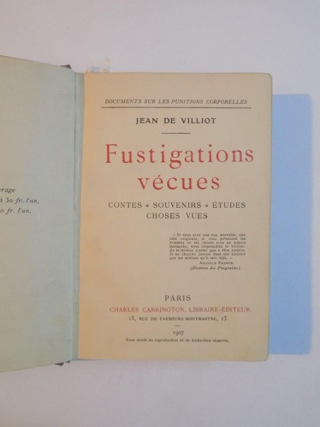 FUSTIGATIONS VECUES , CONTES , SOUVENIRS , ETUDES CHOSES VUES de JEAN DE VILLIOT , PRIS 1907
