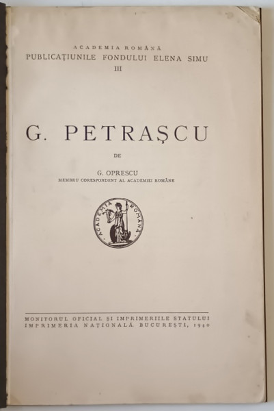 G. PETRASCU de G. OPRESCU , 1940 *COPERTA REFACUTA
