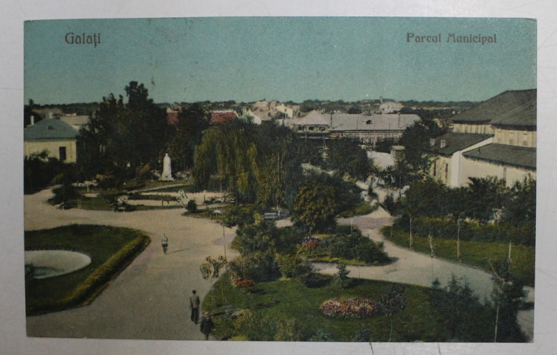 GALATI - PARCUL MUNICIPAL , CARTE POSTALA ILSUTRATA , POLICROMA,. CIRCULATA , DATATA 1925