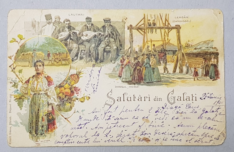 GALATI , SCRANCIOB SI FEMEI LA HORA , LAUTARI SI FEMEIE IN PORT POPULAR , CARTE POSATALA ILUSTRATA , CROMOLITOGRAFIE  , CLASICA