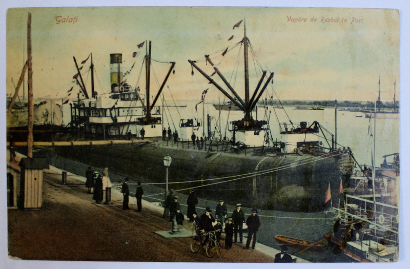 GALATI - VAPOARE DE RAZBOI IN PORT , CARTE POSTALA ILUSTRATA , POLICROMA , CIRCULATA , 1907