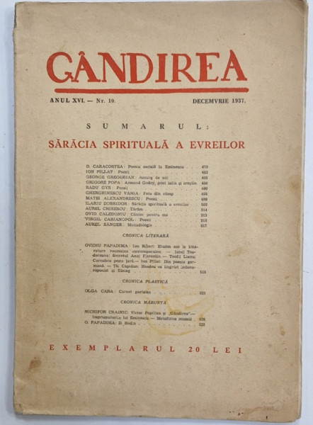 GANDIREA , ANUL XVI , NR. 10 , DECEMBRIE , 1937 , VEZI DESCRIEREA !