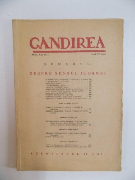 REVISTA GANDIREA , DESPRE SENSUL ICOANEI , ANUL XXI - NR. 3 , MARTIE 1942