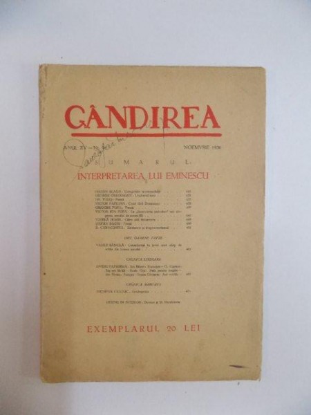 REVISTA GANDIREA , INTERPRETAREA LUI EMINESCU , ANUL XV - NR 9 , NOIEMBRIE 1936