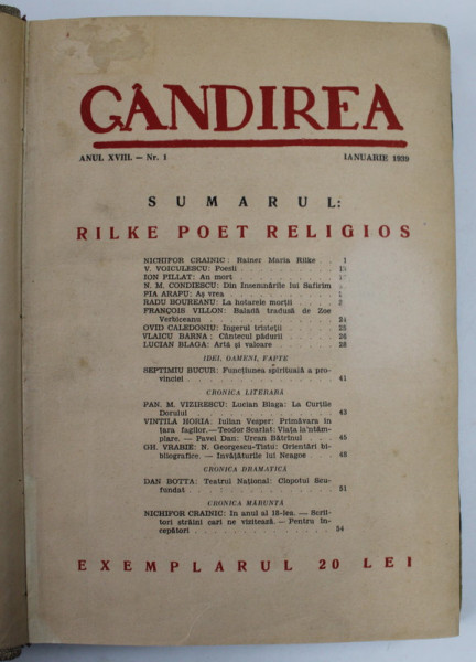 GANDIREA , REVISTA , ANUL XVIII , COLIGAT DE 10 NUMERE CONSECUTIVE , IANUARIE - DECEMBRIE , 1939