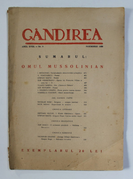 GANDIREA , REVISTA , ANUL XVIII , NR.  9 - OMUL MUSOLINIAN , NOIEMBRIE 1939