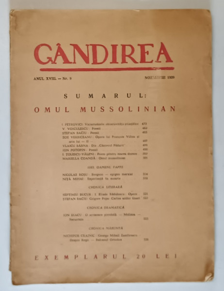 GANDIREA , REVISTA , ANUL XVIII , NR.  9 - OMUL MUSOLINIAN , NOIEMBRIE 1939