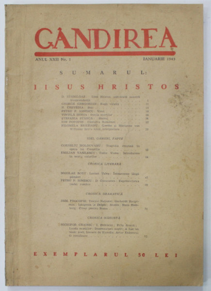 GANDIREA , REVISTA , ANUL XXI , NR. 1 , IANUARIE , 1943 , ARTICOLE DE : D. STANILOAE , VINTILA  HORIA , NICOLAE ROSU , NICHIFOR CRAINIC , ETC.