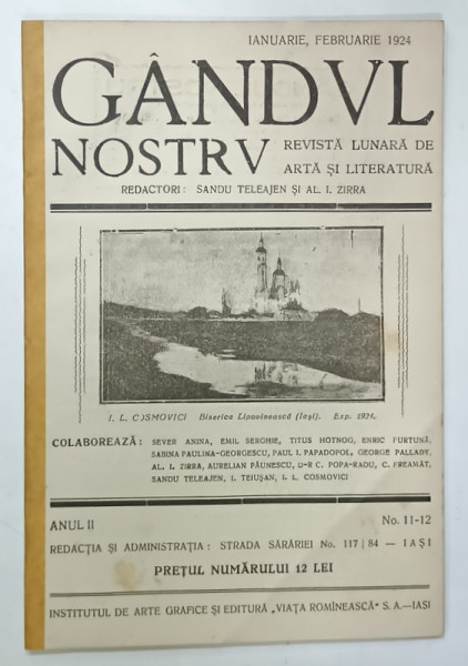 GANDUL NOSTRU , REVISTA LUNARA DE ARTA SI LITERATURA , NR. 11-12 , 1924