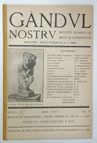 GANDUL NOSTRU , REVISTA LUNARA DE ARTA SI LITERATURA , NR. 3 , 1923
