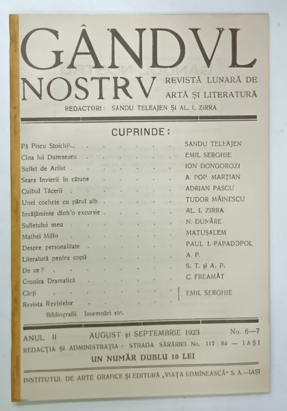 GANDUL NOSTRU , REVISTA LUNARA DE ARTA SI LITERATURA , NR. 6-7 , 1923