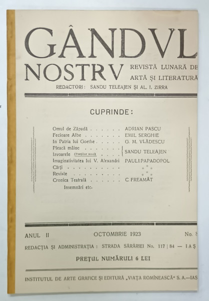 GANDUL NOSTRU , REVISTA LUNARA DE ARTA SI LITERATURA , NR. 8 , 1923