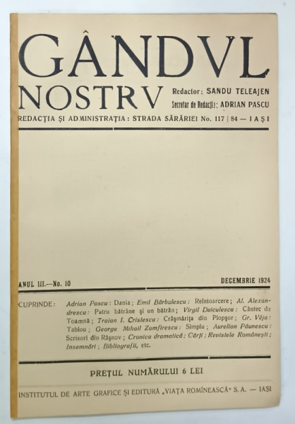 GANDUL NOSTRU , REVISTA LUNARA DE ARTA SI LITERATURA , NR.10 , 1924