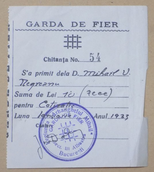 GARDA DE FIER  , MIHAIL  V. NEGREANU , CHITANTA  1933