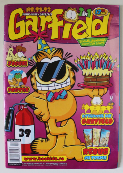 GARFIELD , REVISTA CU  BENZI DESENATE , NR. 91- 92 , IUNIE - IULIE , 2017 , TEXT IN LIMBA ROMANA