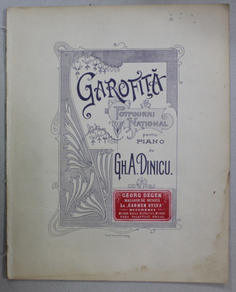 GAROFITA , POTPURIU NATIONAL PENTRU PIAN de GH. A. DINICU , CCA. 1900 , PARTITURA