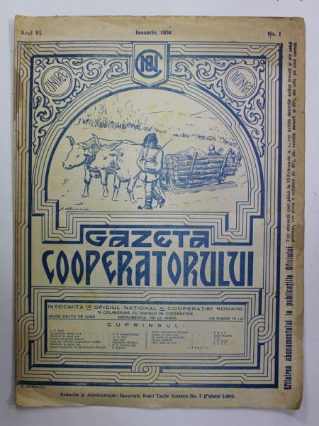 '' GAZETA COOPERATORULUI '' , ANUL VI , NR. 1 , IANUARIE , 1934
