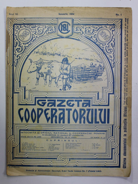 '' GAZETA COOPERATORULUI '' , ANUL VI , NR. 1 , IANUARIE , 1934