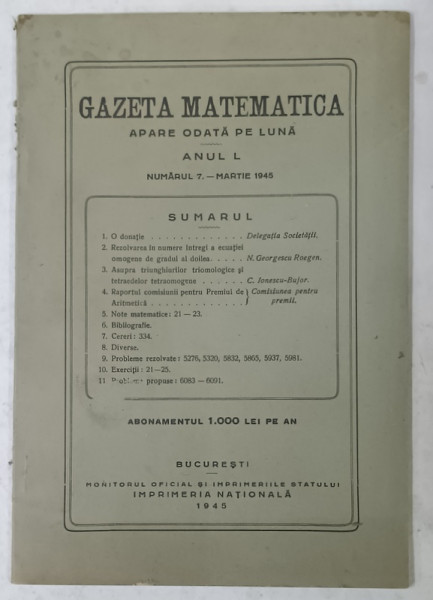 GAZETA MATEMATICA , ANUL L , NR. 7 , MARTIE , 1945