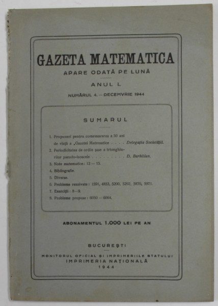 GAZETA  MATEMATICA , ANUL L , NUMARUL 4 - DECEMBRIE , 1944