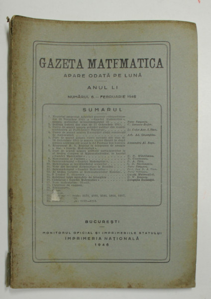 GAZETA MATEMATICA - APARE O DATA PE LUNA , ANUL LI , NUMARUL 6 - FEBRUARIE 1946