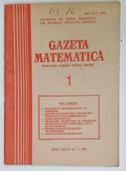GAZETA  MATEMATICA , PUBLICATIE LUNARA PENTRU TINERET , NR. 1 , 1980