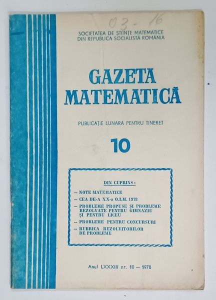 GAZETA  MATEMATICA , PUBLICATIE LUNARA PENTRU TINERET , NR. 10 , 1978