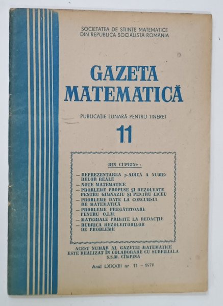 GAZETA  MATEMATICA , PUBLICATIE LUNARA PENTRU TINERET , NR. 11 , 1978