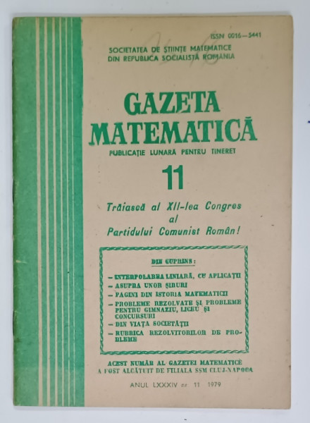 GAZETA  MATEMATICA , PUBLICATIE LUNARA PENTRU TINERET , NR. 11  , 1979