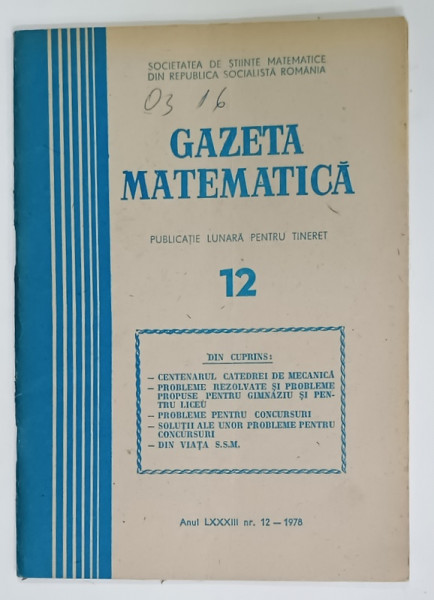 GAZETA  MATEMATICA , PUBLICATIE LUNARA PENTRU TINERET , NR. 12 , 1978