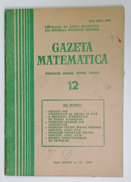 GAZETA  MATEMATICA , PUBLICATIE LUNARA PENTRU TINERET , NR. 12 , 1979